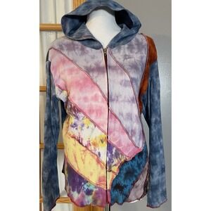 Shop Therapy Patchwork Hooded Sweater M Tie Dyed Full Zip Purple Boho Streetwear